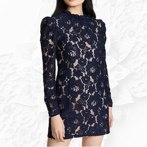 Wayf Blue Emma Lace Puff Long Sleeve Shift Mini Dress Size XS